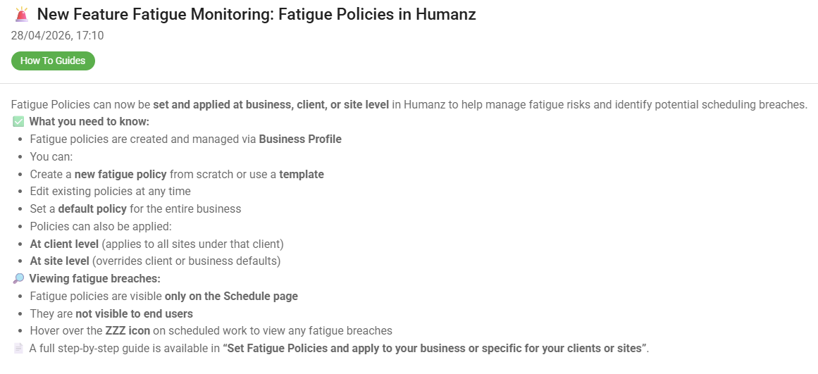 Humanz in-app guide explaining how fatigue policies work at business, client and site level