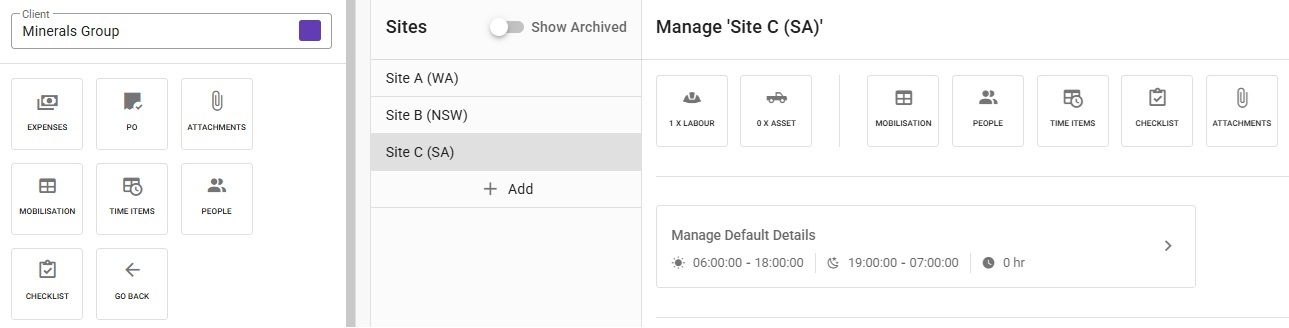 Managing a client with sites across WA, NSW and SA in Humanz, each with its own default shift details