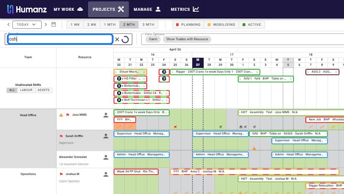 Coordinator building a multi-site roster in Humanz rostering software on a large screen