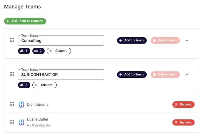 Humanz subcontractor compliance profile showing insurances, licences and documents